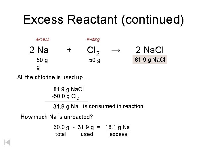Excess Reactant (continued) excess 2 Na limiting + Cl 2 50 g g →