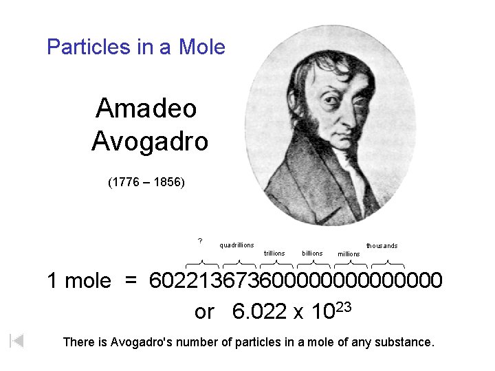 Particles in a Mole Amadeo Avogadro (1776 – 1856) ? quadrillions trillions billions thousands