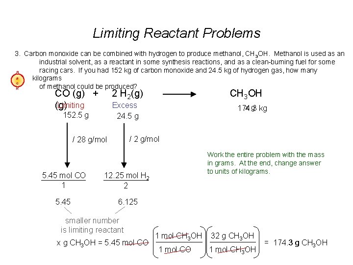 Limiting Reactant Problems 3. Carbon monoxide can be combined with hydrogen to produce methanol,