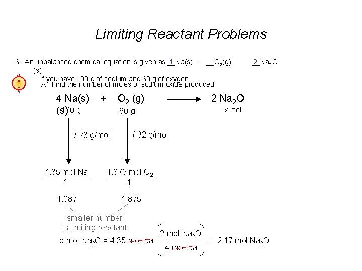 Limiting Reactant Problems 6. An unbalanced chemical equation is given as __Na(s) 4 +