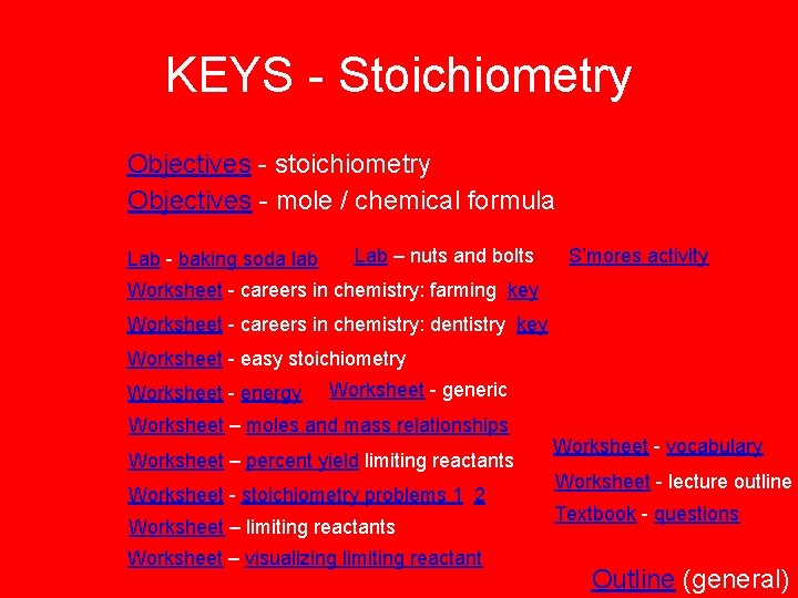 KEYS - Stoichiometry Objectives - stoichiometry Objectives - mole / chemical formula Lab -