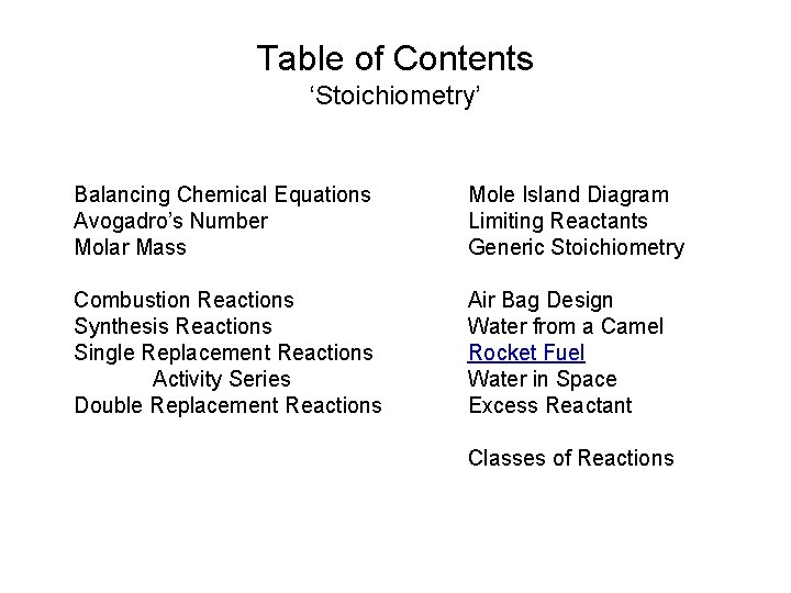 Table of Contents ‘Stoichiometry’ Balancing Chemical Equations Avogadro’s Number Molar Mass Mole Island Diagram
