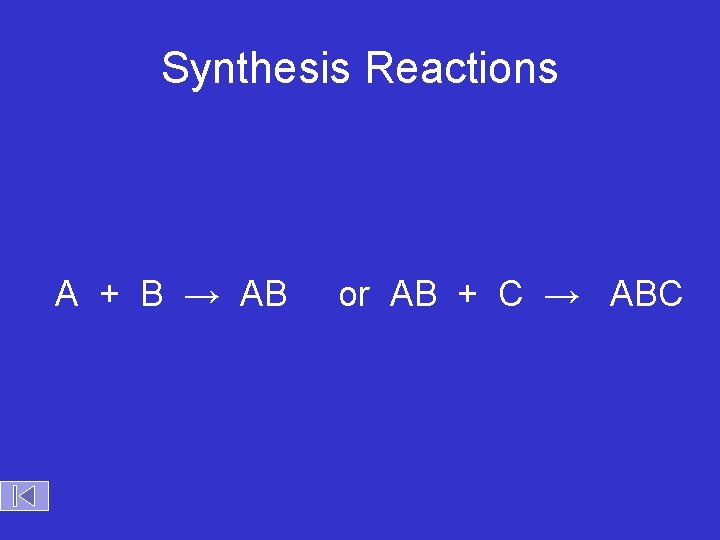 Synthesis Reactions A + B → AB or AB + C → ABC 