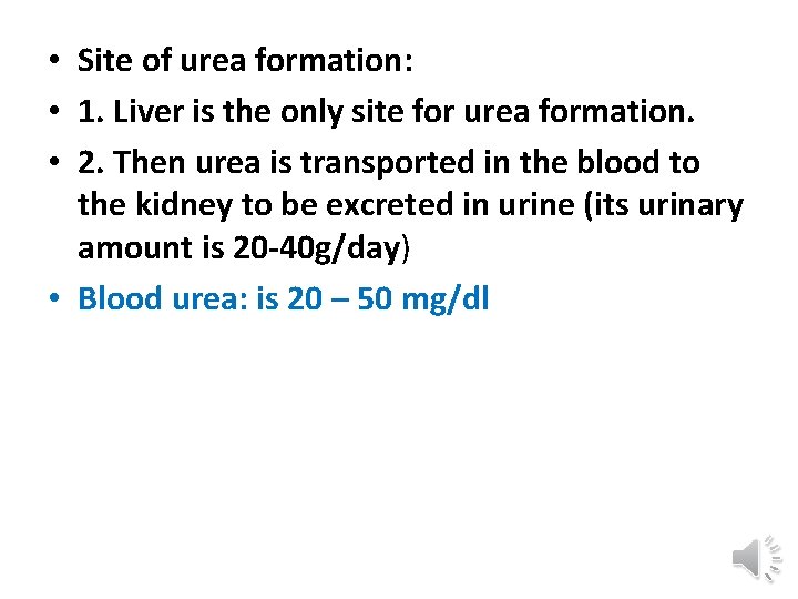  • Site of urea formation: • 1. Liver is the only site for