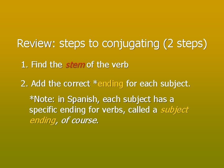Review: steps to conjugating (2 steps) 1. Find the stem of the verb 2.