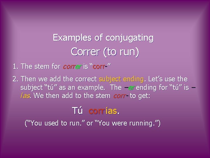 Examples of conjugating Correr (to run) 1. The stem for correr is “corr-” 2.