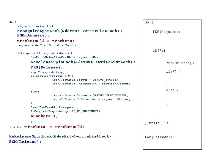do { //get the write lock Ke. Acquire. Spin. Lock(&dev. Ext->write. List. Lock); FSM(Acquire);