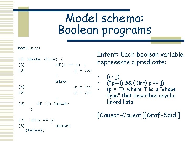 Model schema: Boolean programs bool x, y; [1] while (true) { [2] if(x ==