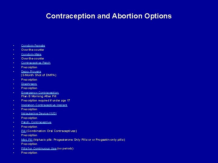 Contraception and Abortion Options • • • • • • Condom-Female Over the counter