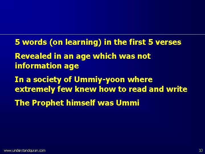5 words (on learning) in the first 5 verses Revealed in an age which