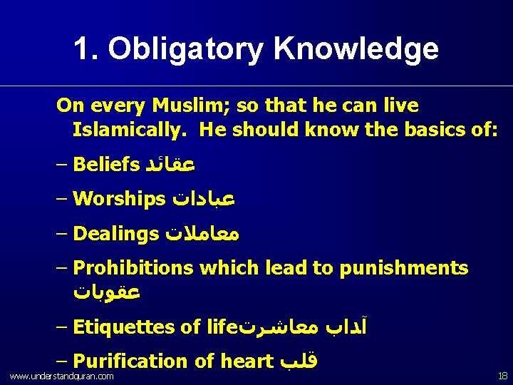 1. Obligatory Knowledge On every Muslim; so that he can live Islamically. He should