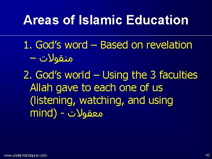 Areas of Islamic Education 1. God’s word – Based on revelation – ﻣﻨﻘﻮﻻﺕ 2.