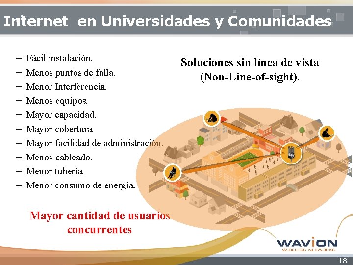 Internet en Universidades y Comunidades − Fácil instalación. − Menos puntos de falla. −