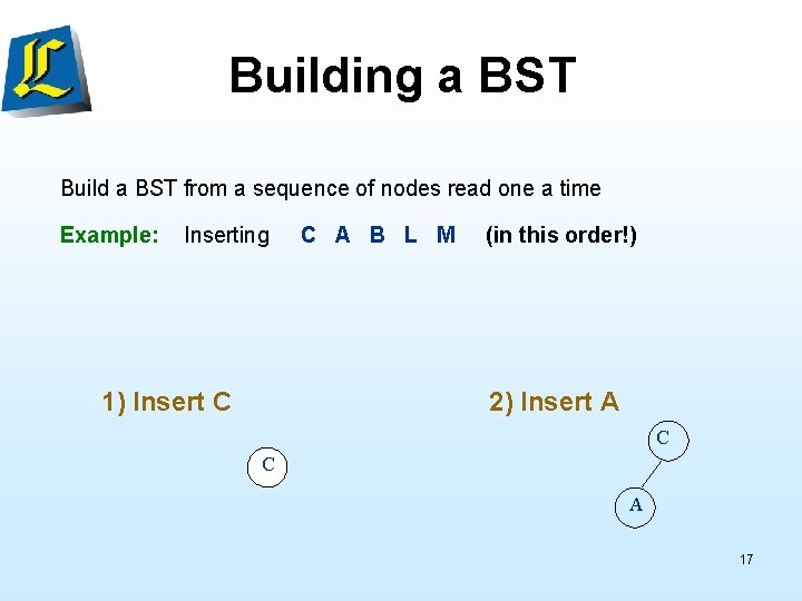 Building a BST Build a BST from a sequence of nodes read one a