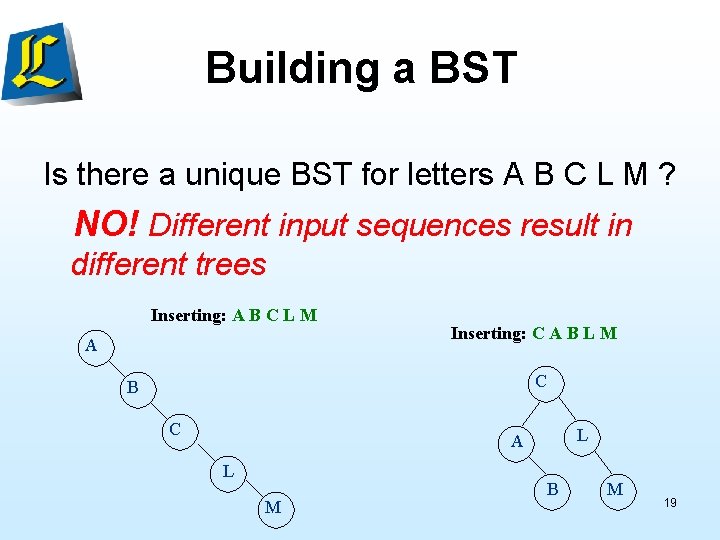 Building a BST Is there a unique BST for letters A B C L