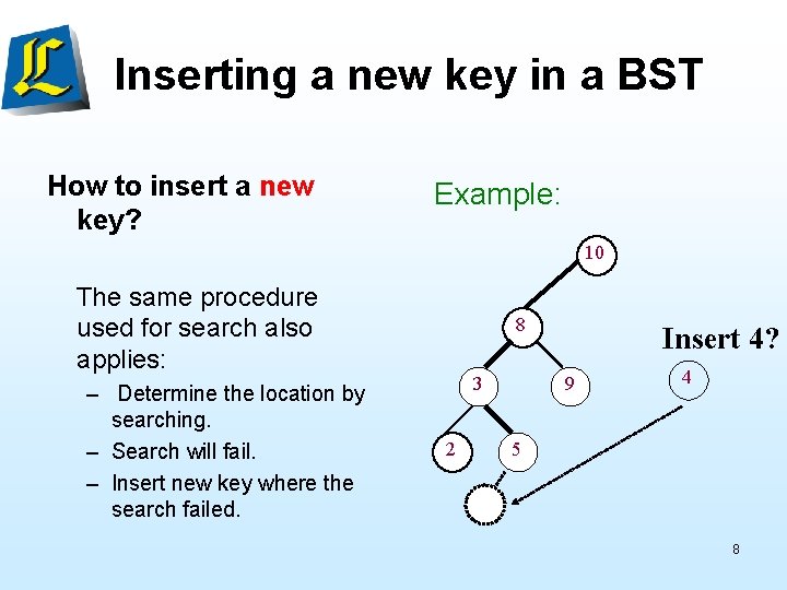 Inserting a new key in a BST How to insert a new key? Example: