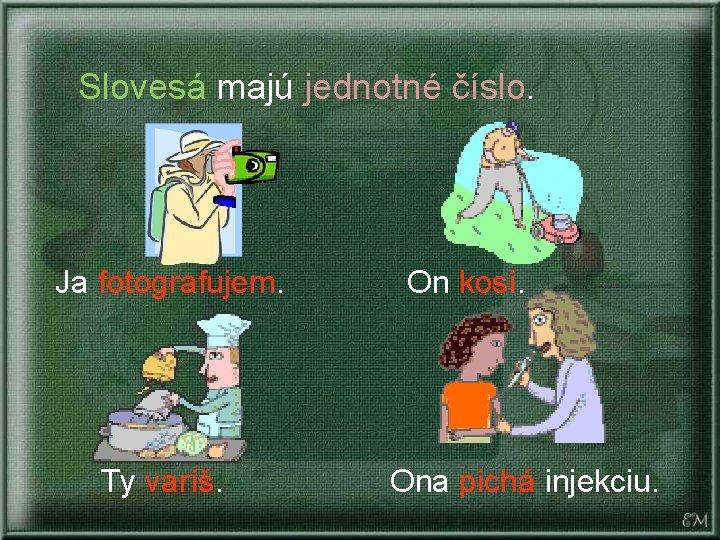 Slovesá majú jednotné číslo. Ja fotografujem. Ty varíš. On kosí. Ona pichá injekciu. Slovesá majú jednotné číslo. Ja fotografujem. Ty varíš. On kosí. Ona pichá injekciu.