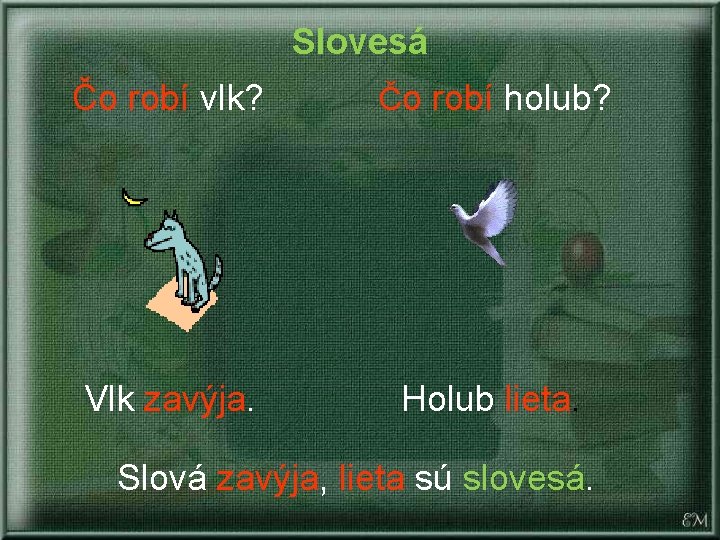 Slovesá Čo robí vlk? Čo robí holub? Vlk zavýja. Holub lieta. Slová zavýja, lieta