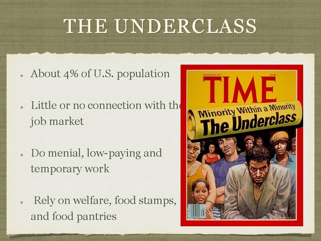 THE UNDERCLASS About 4% of U. S. population Little or no connection with the