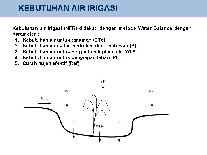 KEBUTUHAN AIR IRIGASI Kebutuhan air irigasi (NFR) didekati dengan metode Water Balance dengan parameter