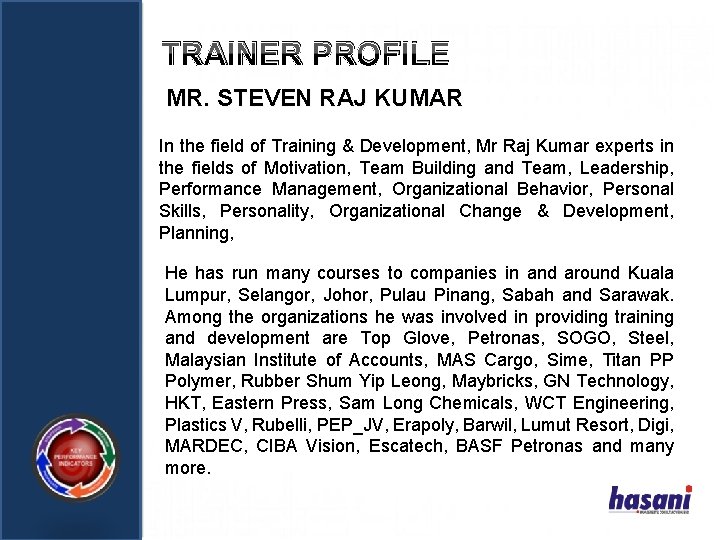 TRAINER PROFILE MR. STEVEN RAJ KUMAR In the field of Training & Development, Mr