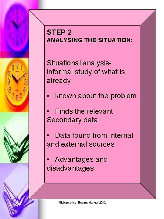 STEP 2 ANALYSING THE SITUATION: Situational analysisinformal study of what is already • known