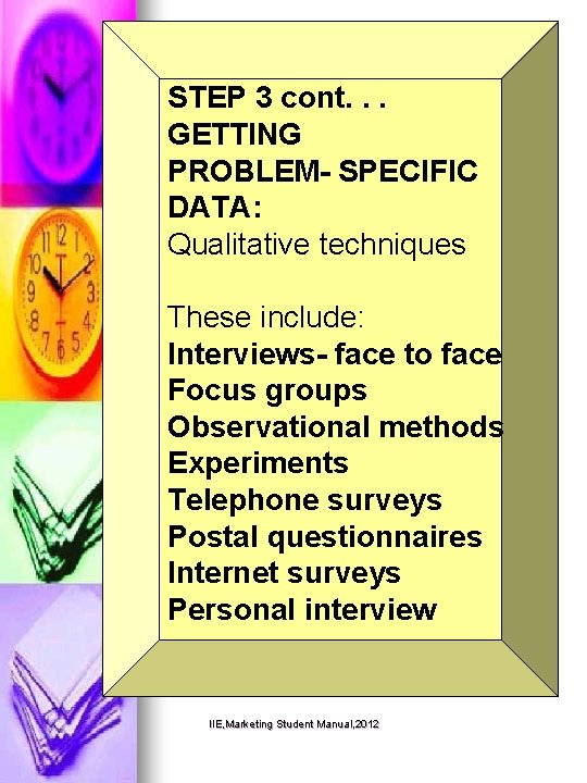 STEP 3 cont. . . GETTING PROBLEM- SPECIFIC DATA: Qualitative techniques These include: Interviews-