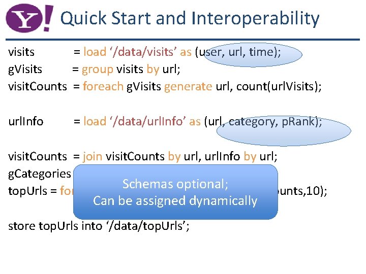 Quick Start and Interoperability visits = load ‘/data/visits’ as (user, url, time); g. Visits