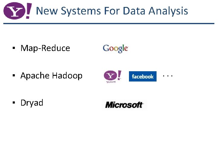 New Systems For Data Analysis ▪ Map-Reduce ▪ Apache Hadoop ▪ Dryad . .