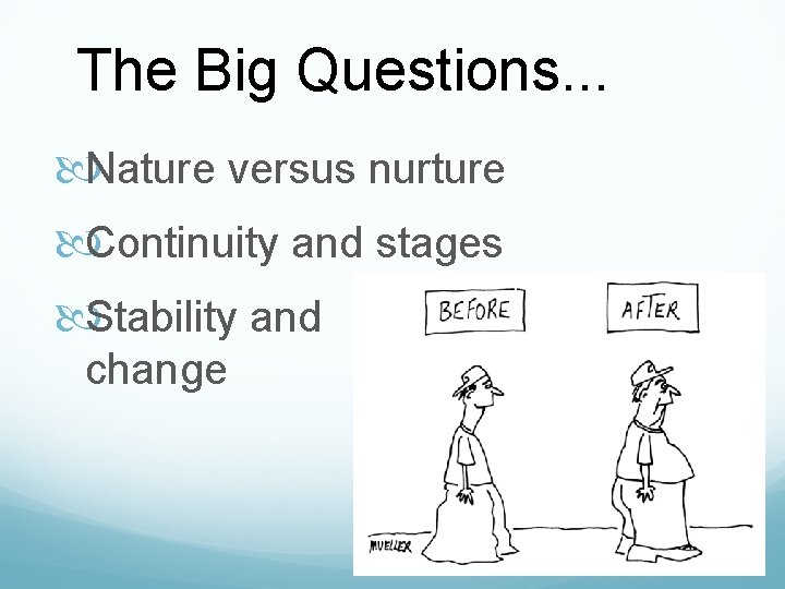 The Big Questions. . . Nature versus nurture Continuity and stages Stability and change