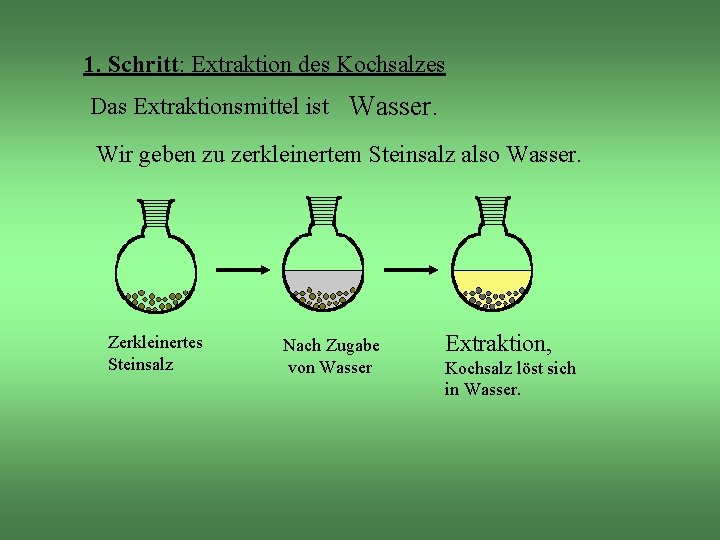 1. Schritt: Extraktion des Kochsalzes Das Extraktionsmittel ist Wasser. Wir geben zu zerkleinertem Steinsalz