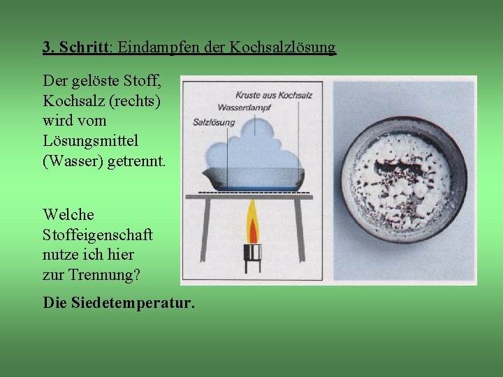 3. Schritt: Eindampfen der Kochsalzlösung Der gelöste Stoff, Kochsalz (rechts) wird vom Lösungsmittel (Wasser)