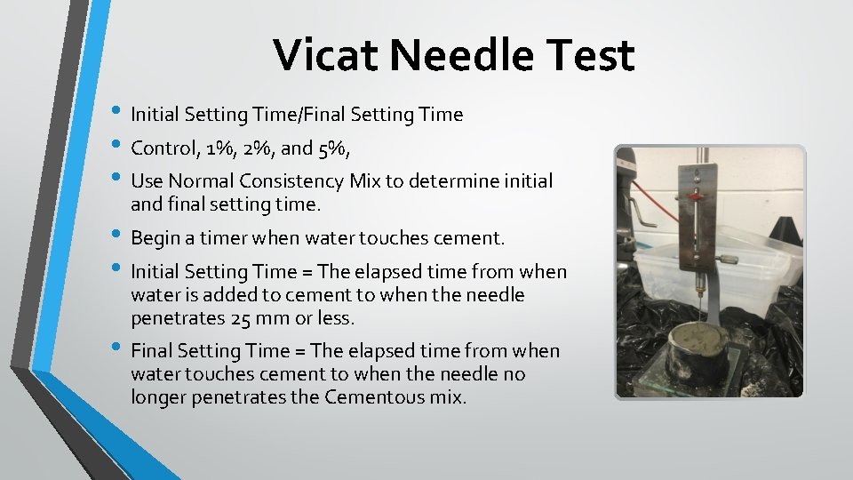 Vicat Needle Test • Initial Setting Time/Final Setting Time • Control, 1%, 2%, and