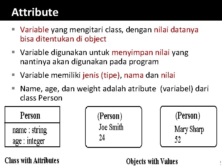 Attribute § Variable yang mengitari class, dengan nilai datanya bisa ditentukan di object §