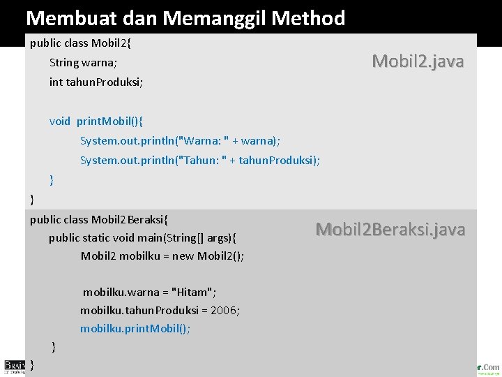 Membuat dan Memanggil Method public class Mobil 2{ Mobil 2. java String warna; int