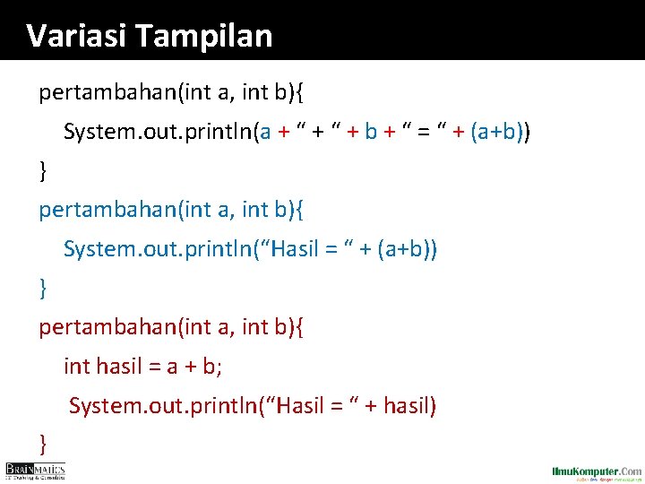 Variasi Tampilan pertambahan(int a, int b){ System. out. println(a + “ + b +