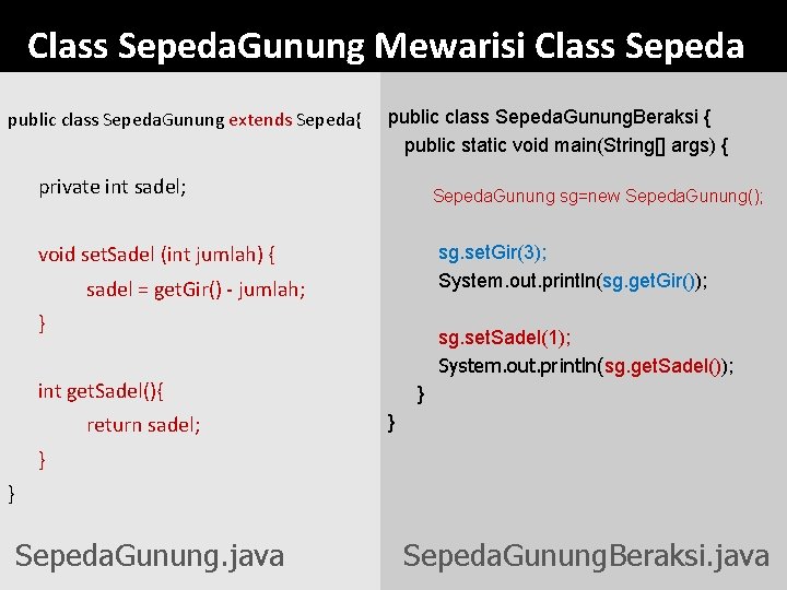 Class Sepeda. Gunung Mewarisi Class Sepeda public class Sepeda. Gunung extends Sepeda{ public class