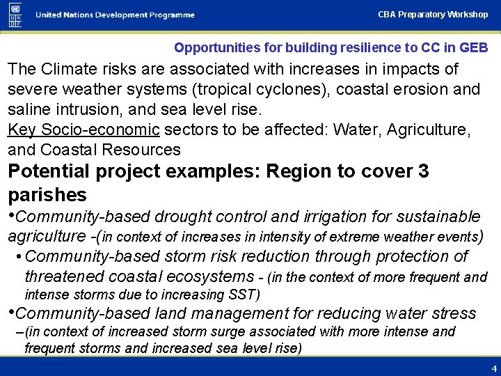 CBA Preparatory Workshop Opportunities for building resilience to CC in GEB The Climate risks