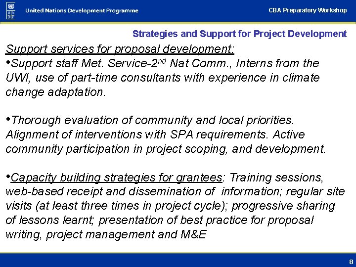 CBA Preparatory Workshop Strategies and Support for Project Development Support services for proposal development: