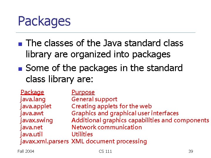 Packages n n The classes of the Java standard class library are organized into