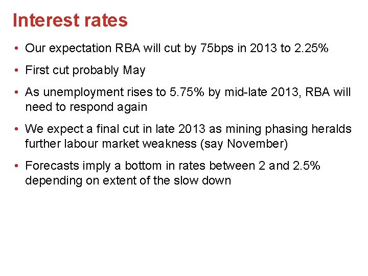 Interest rates • Our expectation RBA will cut by 75 bps in 2013 to
