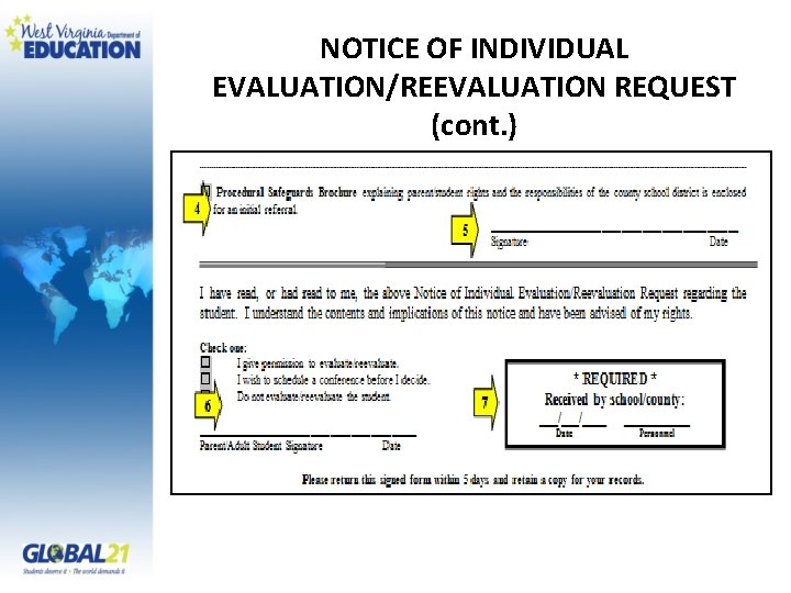 NOTICE OF INDIVIDUAL EVALUATION/REEVALUATION REQUEST (cont. ) 