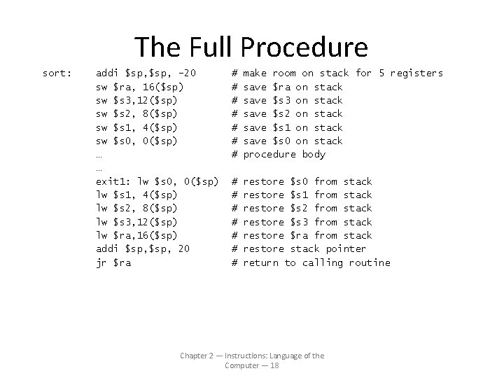 The Full Procedure sort: addi $sp, – 20 sw $ra, 16($sp) sw $s 3,