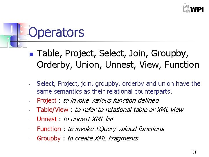 Operators n - - Table, Project, Select, Join, Groupby, Orderby, Union, Unnest, View, Function