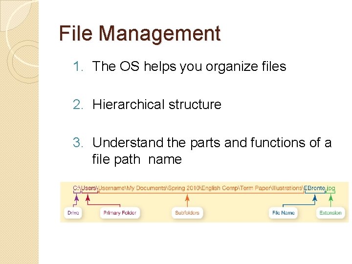 File Management 1. The OS helps you organize files 2. Hierarchical structure 3. Understand File Management 1. The OS helps you organize files 2. Hierarchical structure 3. Understand