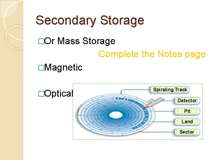 Secondary Storage �Or Mass Storage Complete the Notes page �Magnetic �Optical Spiraling Track Detector Secondary Storage �Or Mass Storage Complete the Notes page �Magnetic �Optical Spiraling Track Detector