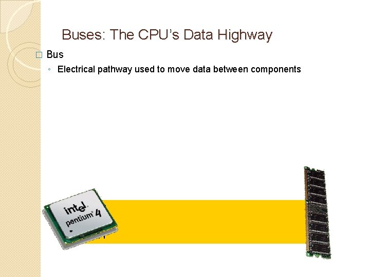 Buses: The CPU’s Data Highway � Bus ◦ Electrical pathway used to move data Buses: The CPU’s Data Highway � Bus ◦ Electrical pathway used to move data
