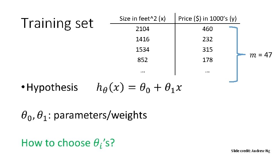 Training set • Size in feet^2 (x) Price ($) in 1000’s (y) 2104 1416