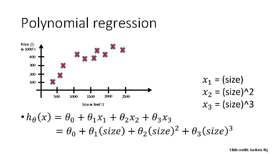Polynomial regression • Price ($) in 1000’s 400 300 200 100 500 1000 1500