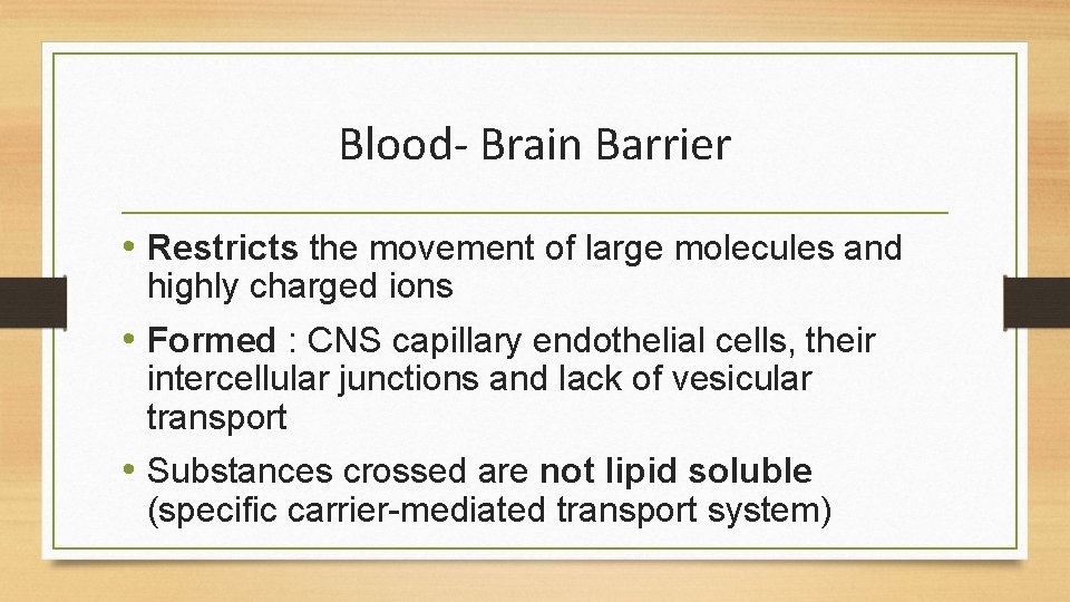 Blood- Brain Barrier • Restricts the movement of large molecules and highly charged ions